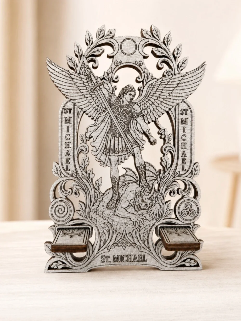 St. Michael Wooden Phone Stand, Archangel Catholic Desk and Prayer Room Decor